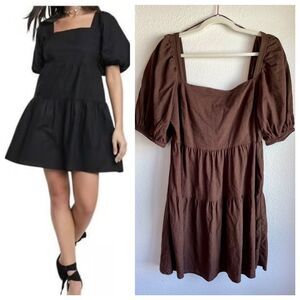 House of Harlow 1960 Linen Puff Sleeve Tiered Babydoll Dress in Brown - Size L